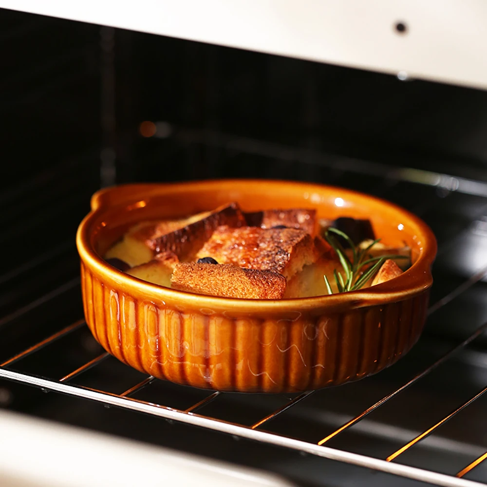 

Double Eared Ceramic Bowl Modern Simplicity Round Solid Color Microwave Heating Tableware Dessert Cheese Egg Snacks Bowls
