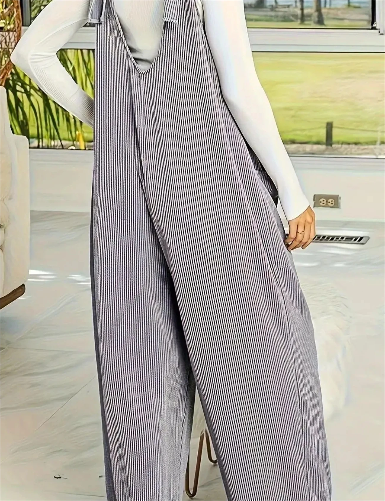 Mono sin mangas con cuello en V de color sólido para mujer, informal, suelto, pierna recta, pierna ancha