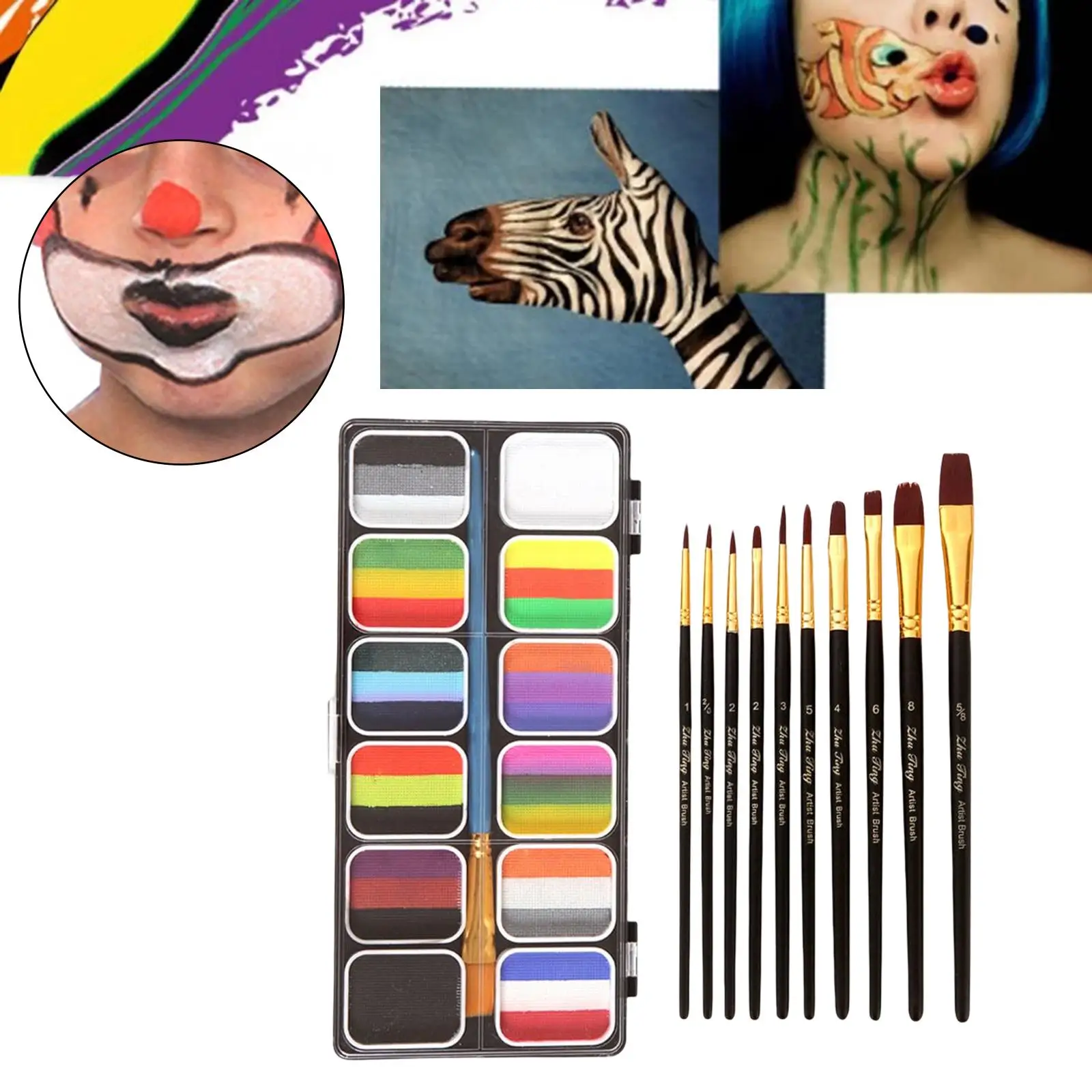 Professional Face and Body Paint with Brushes for Costume, Body Art, Stage, Party - Ideal for Kids and Adults