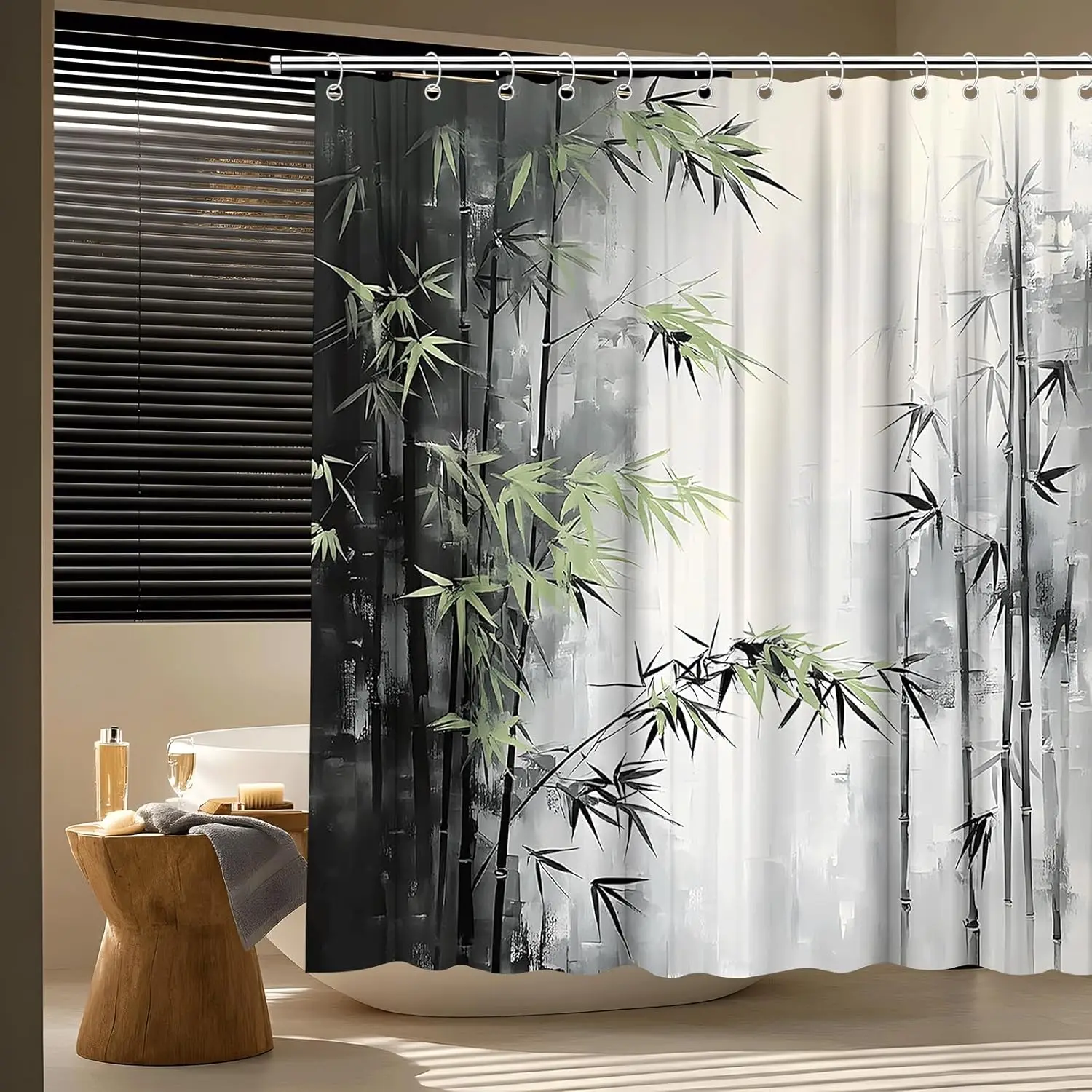Bamboo Shower Curtain Vintage Asian Ink Painting Green Plant Leaf Forest Stone Rustic Wild Nature Plant Spring Scenic Curtain