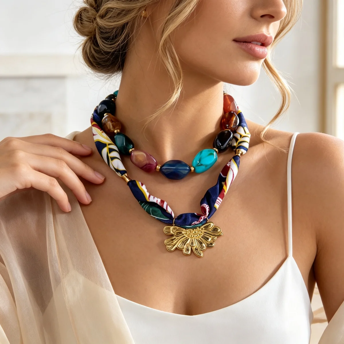 Botanisch bedruckter marineblauer Schal, Edelstahl-Halskette mit geprägten Blumen für Damen, unregelmäßiger Acryl-Perlen-Choker-Schmuck – Detail 9