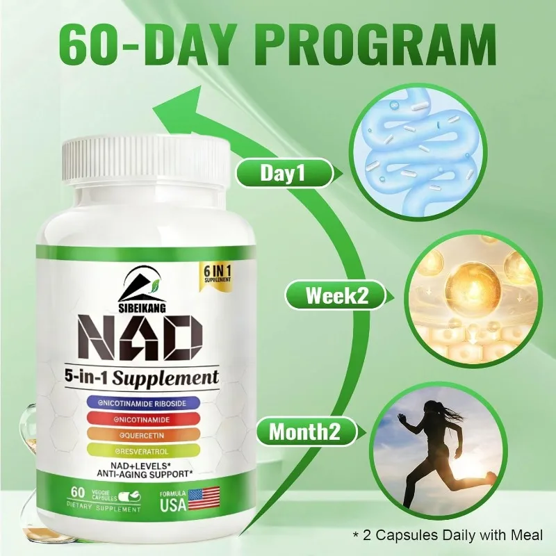 NAD capsules contain niacinamide (vitamin B3), quercetin, and trans resveratrol - skin cell anti-aging and energy health support