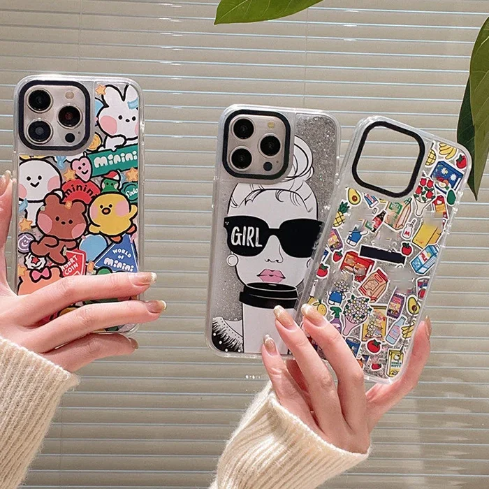 

Cartoon Bear Cat Sunglasses Girl Transparent Border Quicksand Phone Case Cover for IPhone 12 13 14 15 Pro Max Case