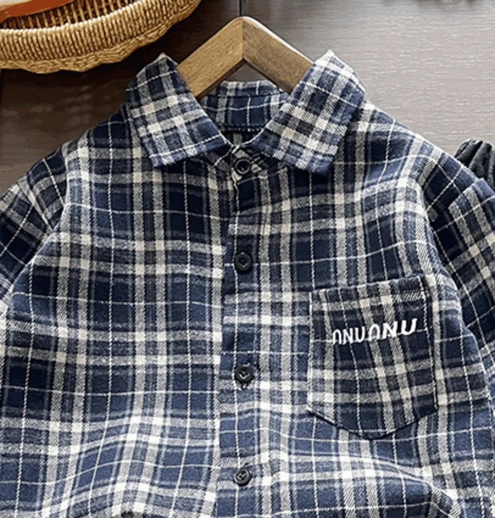 Kinder Jungen Vintage Blau-Weiß Kariertes Hemd + Weite Jeanshose 2-teiliges Set Frühling Herbst Lässige Kinderkleidung – Detail 2