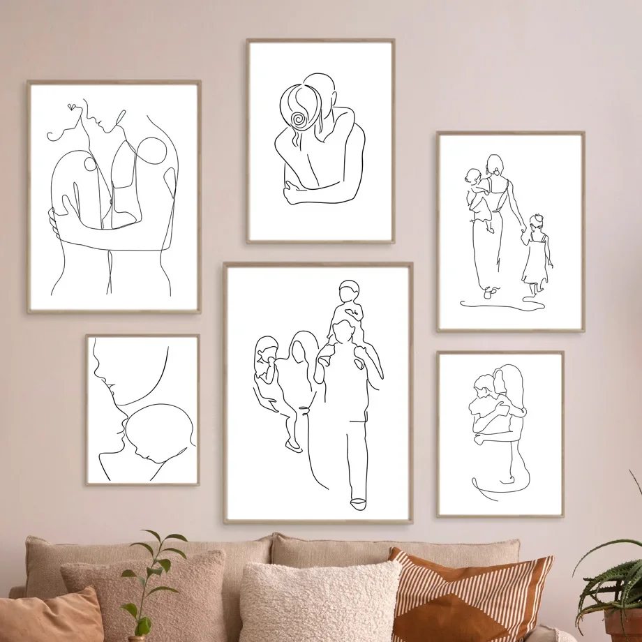 Family Quotes Poster Mom Dad Love Abstract Line Drawing Canvas Painting Son Daughter Wall Art Prints Pictures Living Room Decor