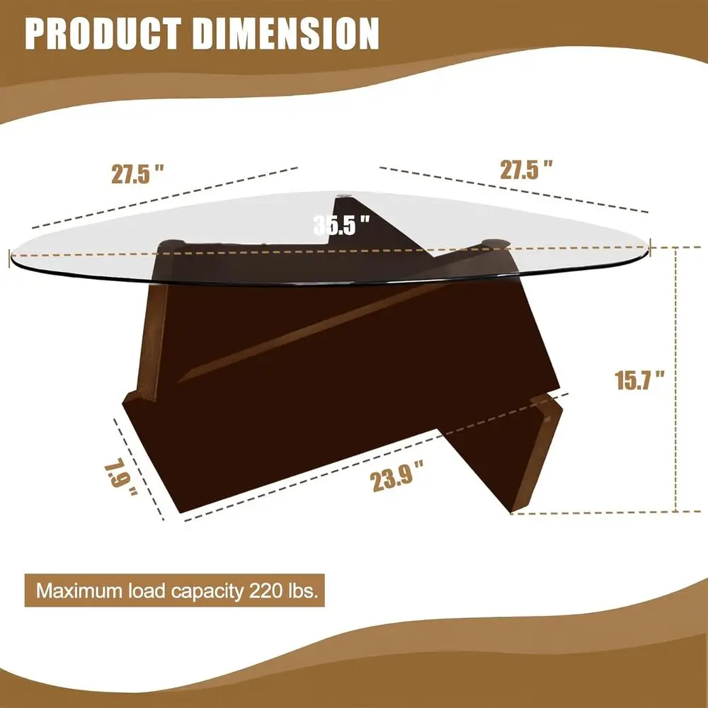 ミッドセンチュリーモダンウォールナットコーヒーテーブル、35.5 x 27.5 x 15.7、ガラストップ、素朴なブラウン、リビングルームや狭いスペースに最適