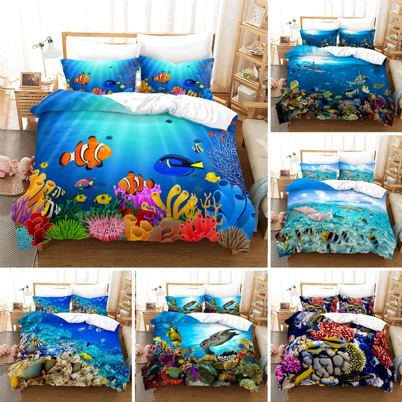 Cartoon Ocean Fish Marine Theme Comfortable Duvet Quilt Cover Pillowcase Bedding Set Children Bedroom Decoration Home Textile