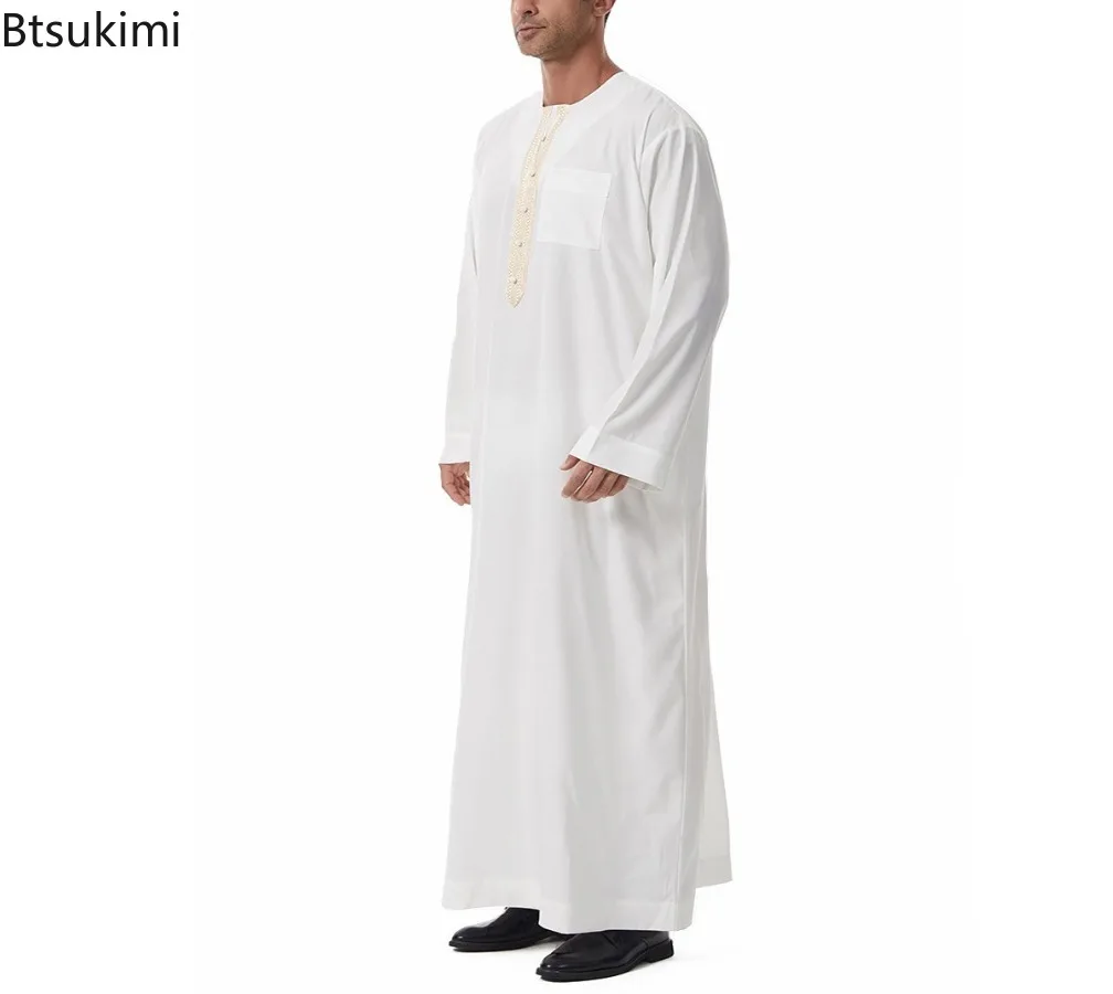 Jubah Muslim Pria Pakaian Arab Saudi Islami Ramadhan Arab Timur Tengah Gaun Pullover Lengan Panjang Leher Bulat Kasual Warna Polos
