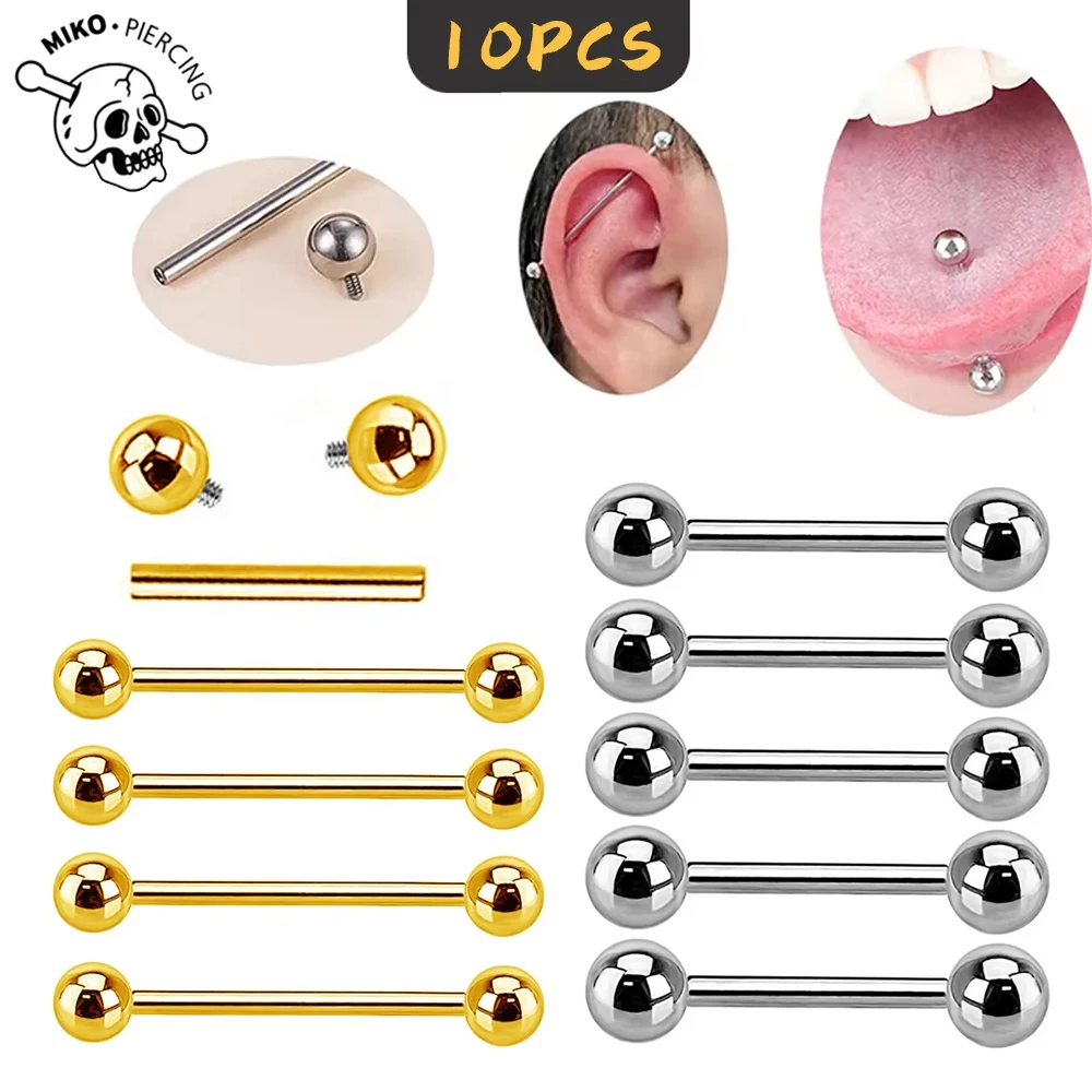 10pcs/lot ASTM F136 Implant Grade Titanium Piercing Internal Thread Straight Barbells Tongue Ring Earrings Piercing Jewelry Bar