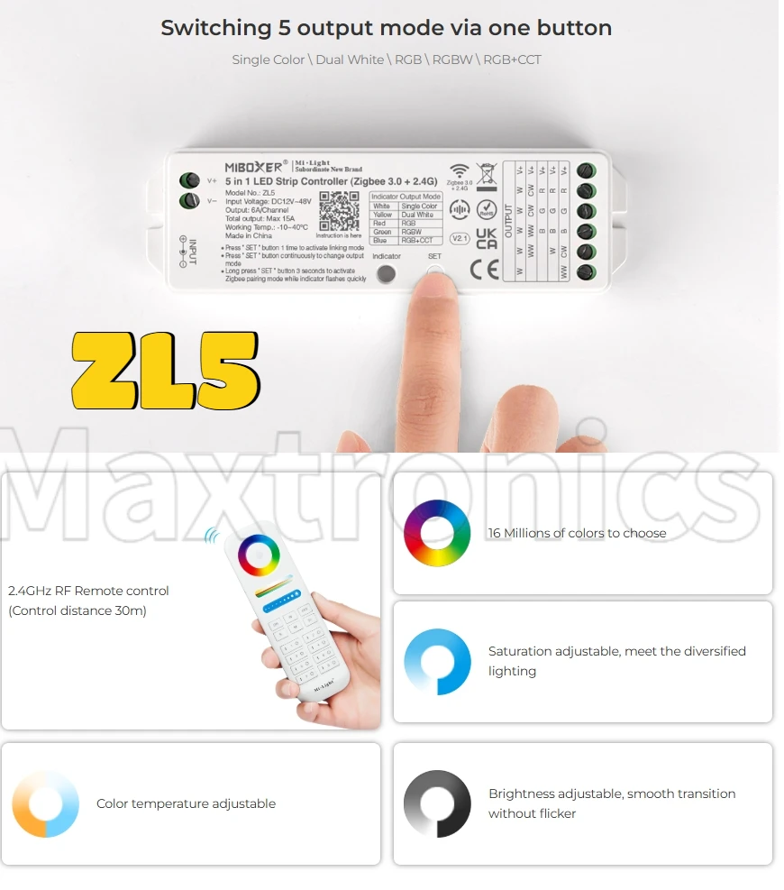 Miboxer 2 in 1 FUT035Z+/ 3 in 1 FUT037Z+ LED Controller/ 5 in 1 Zigbee 3.0+2.4GHz ZL5 LED Strips Controller 15A FUT089Z ZB-Box2