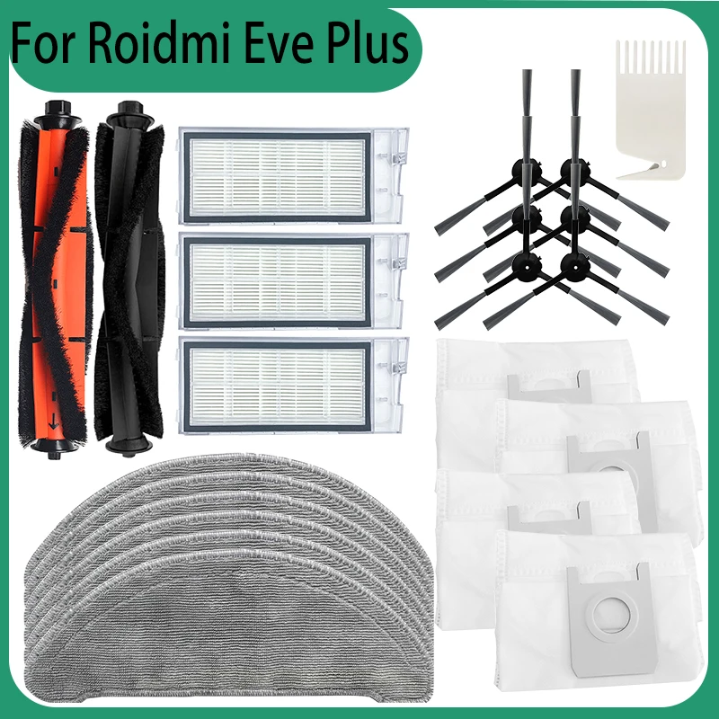 Dust Bags Hepa Filter for Xiaomi Roidmi Eve Plus Robot Vacuum Cleaner Accessories Mop Cloth Main Roller Side Brush Spare Parts