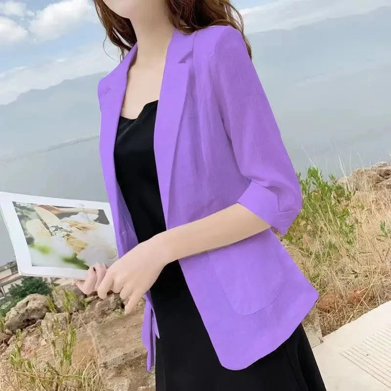 Traje pequeño de lino para mujer, chaqueta fina, abrigo de algodón y lino, ropa de protección solar, Blazer informal coreano, Tops 5XL, 2024