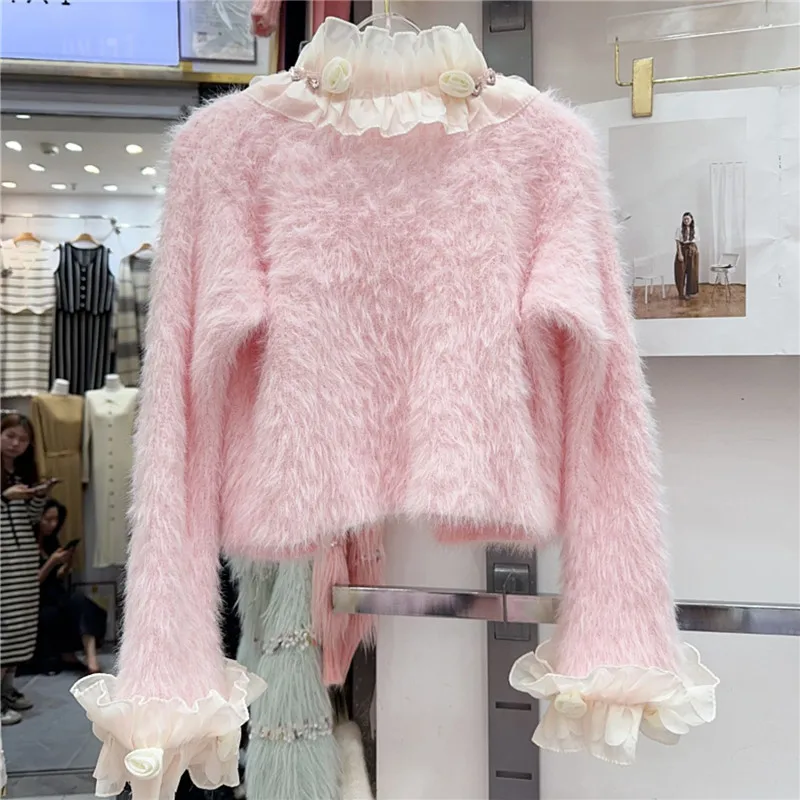 Autumn Women Short Faux Mink Cashmere Knitted Cardigan Jacket Ruffle Flower Decoration Apricot Pink Light Blue Female Knitwear