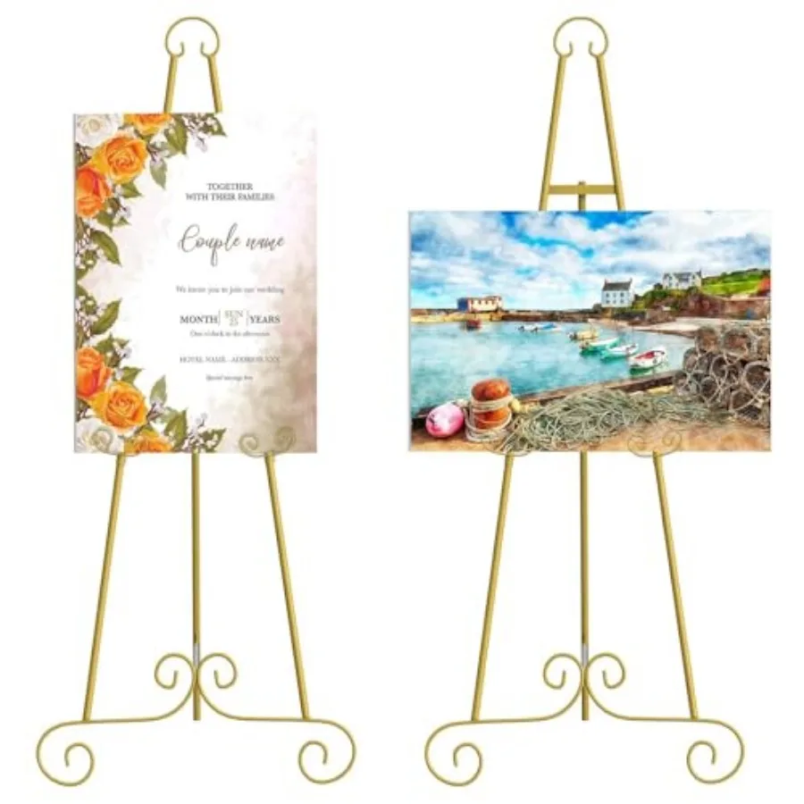 

2 Pack Metal Round Tube Scroll Display Easel, Vintage Gold Decorative Large Adjustable Floor Standing Easel with Chain Support,