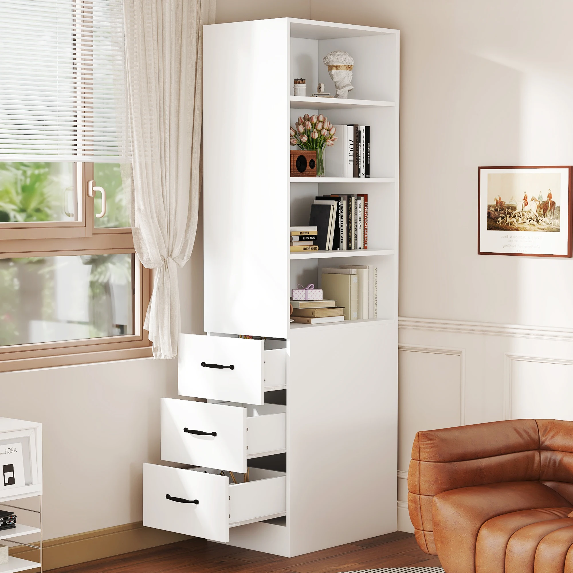 Bibliotheek - Bibliotheek Haute met Étagères Réglables en Tiroirs, Colonne de Rangement Étroit pour Salon of Bureau, MDF
