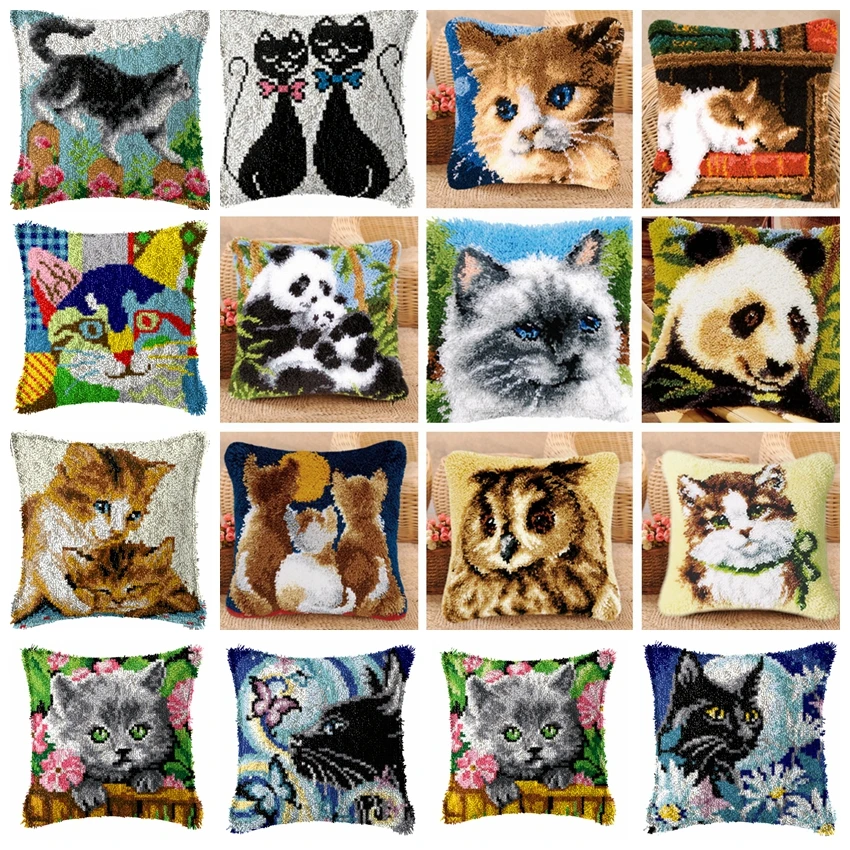 Cross Stitch Needlework Set DIY Cute Animals Cat Series Latch Hook Cushion Kit Pillow Mat Crocheting Cushion embroidery pillow