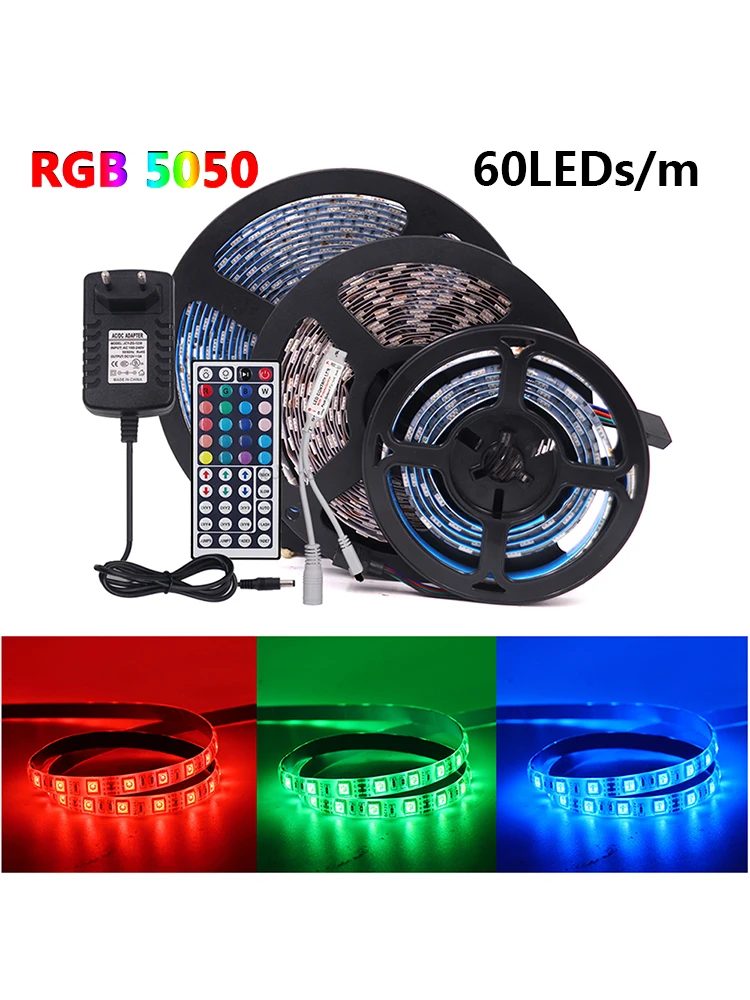 DC12V RGB LED-Lichtstreifen mit 44-Tasten-Controller, EU-Stromversorgung, SMD 5050, 60LEDs/m, 3000K 6000K, flexibles Klebeband, hohe Dichte, lineare Beleuchtung, Heimdekoration