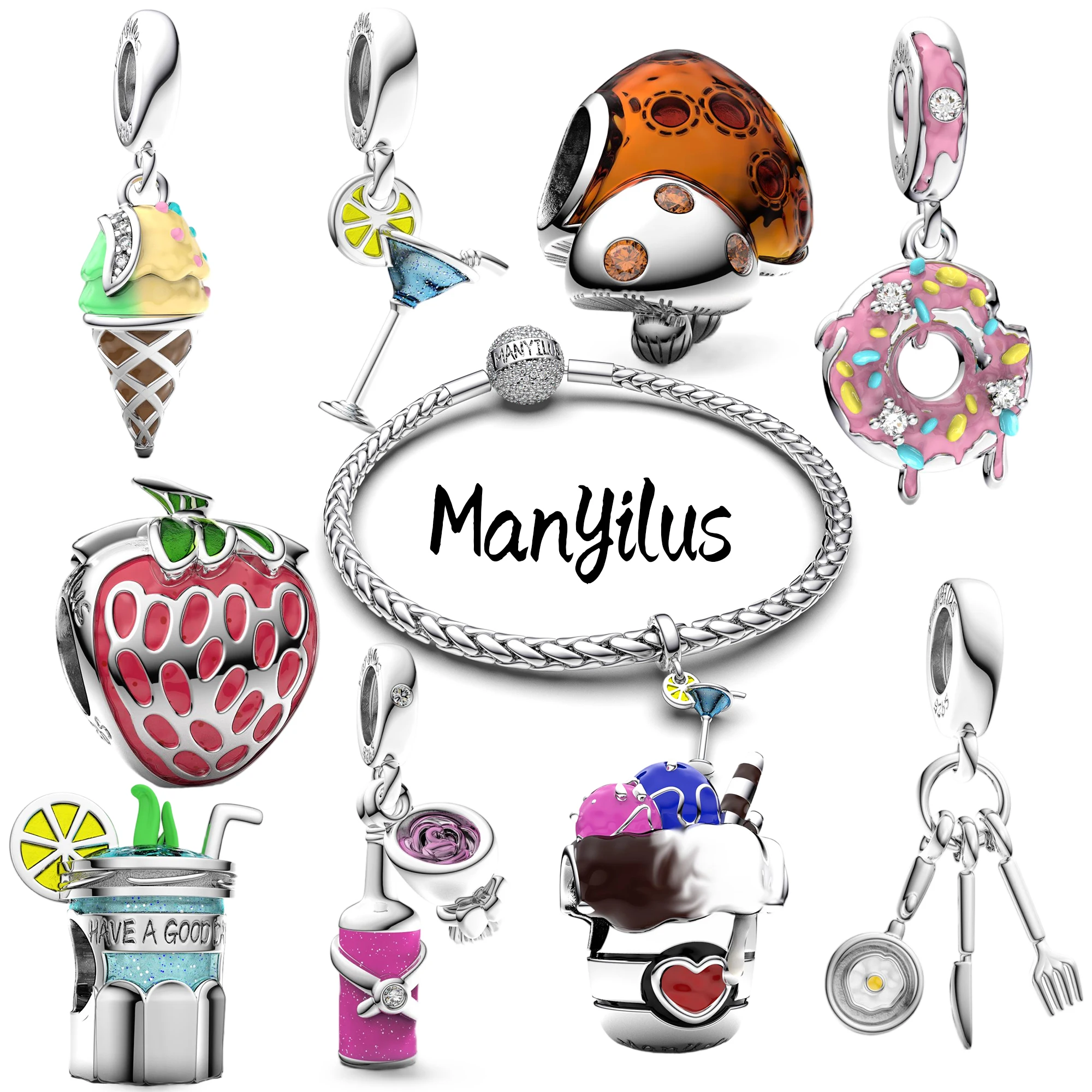 Набор шармов Manyilus из стерлингового серебра 925 пробы с изображениями еды и напитков для оригинальных браслетов и ожерелий, с эмалью и кубическим цирконием, подарок для ювелирных изделий