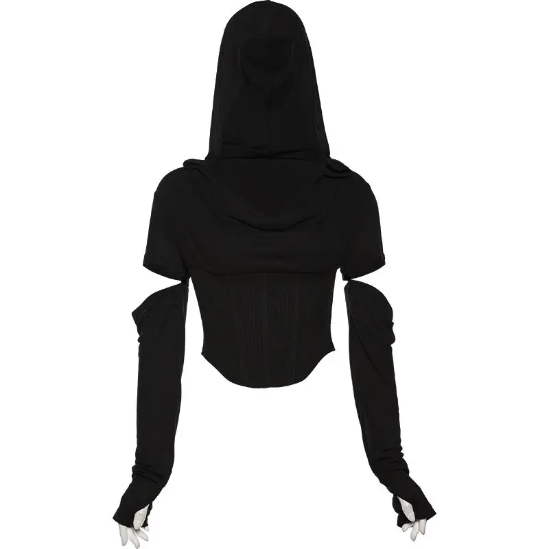 Women American Vintage Draped Cowl Neck Hooded Long Sleeve T‑shirt Irregular Waist Slim Fit Spice Girl Streetwear Top