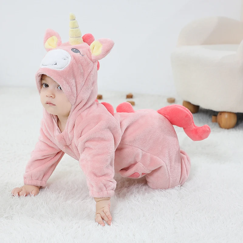 New Unicorn Lovely Baby Girls Clothes Rompers Infant Cartoon Kigurumis Baby Onesie Bodysuit Newborn Hooded Flannel Jumpsuits