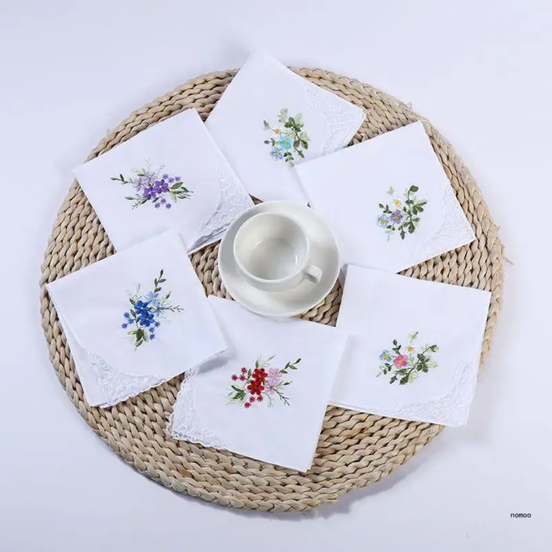 5Pcs/Set 11x11 Inch Womens Cotton Square Handkerchiefs Floral Embroidered with for Butterfly Lace Corner Pocket Hanky