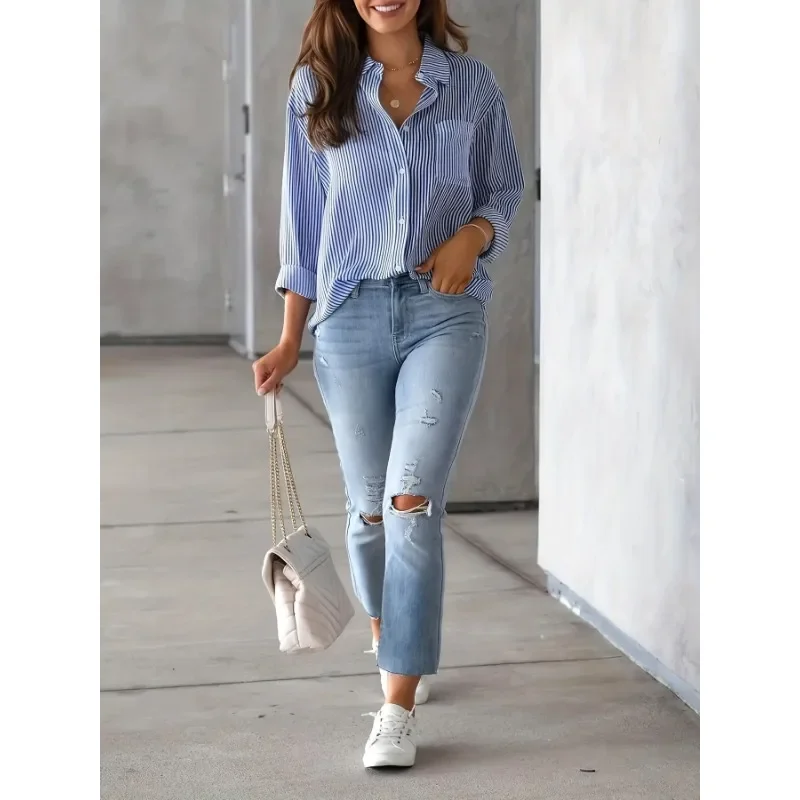 

Striped Print Blouse Shirt Woman Spring Summer Turn-down Collar Shirt Tops Y2k Long Sleeve Loose Blusas Office Lady Chic Tunics