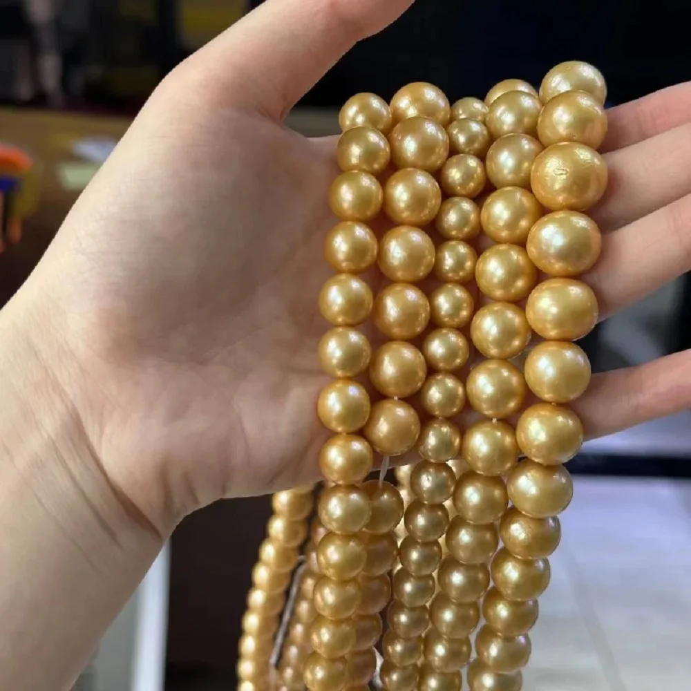 

Promotional Pearl Necklace AAAA11-12mm Natural South Sea Round Gold Pearl Necklace 16-22 inches, 925s