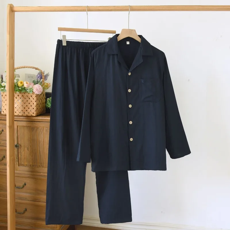 2025 봄과 가을 신상 남성 파자마 세트 100% 면 거즈 단색 대형 사이즈 긴팔 홈웨어 투피스 세트