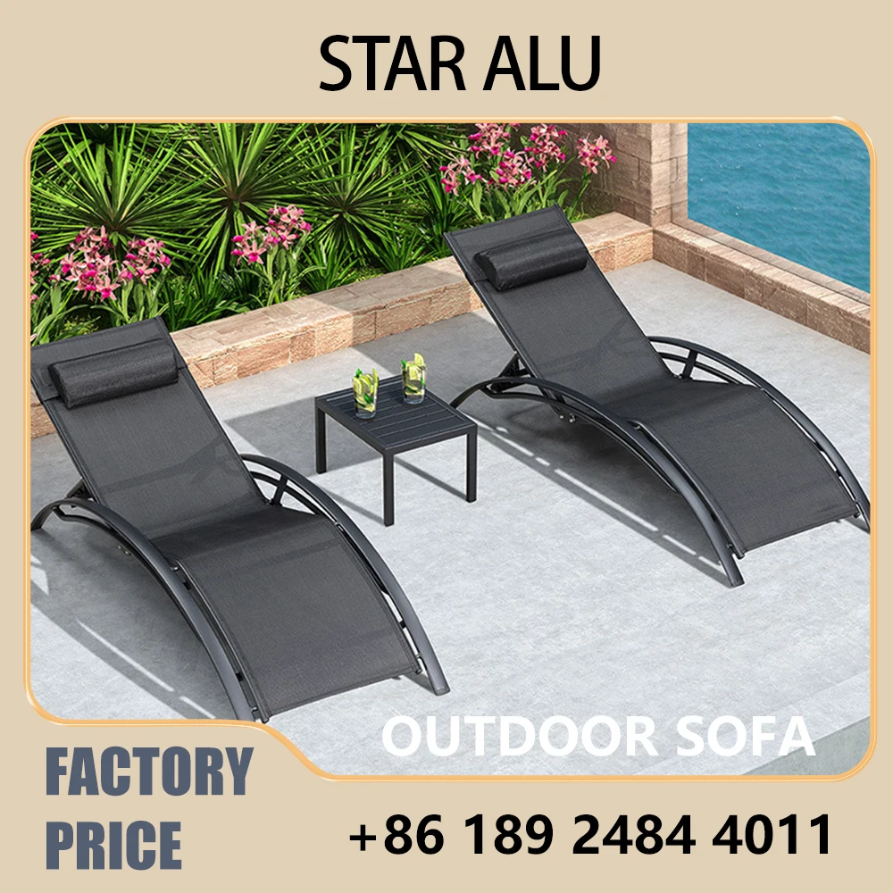 Outdoor Furniture Set 2 Folding Chaise Lounge Chairs with Side Table Pool Beach Patio Waterproof Gray Sunbed