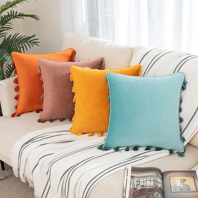 Roter Weihnachts-Kissenbezug mit Quaste, Boho-Akzent, luxuriöser Geschenk-Kissenbezug für Couch, Schlafzimmer, Auto, grüner klassischer Kissenbezug – Detail 7