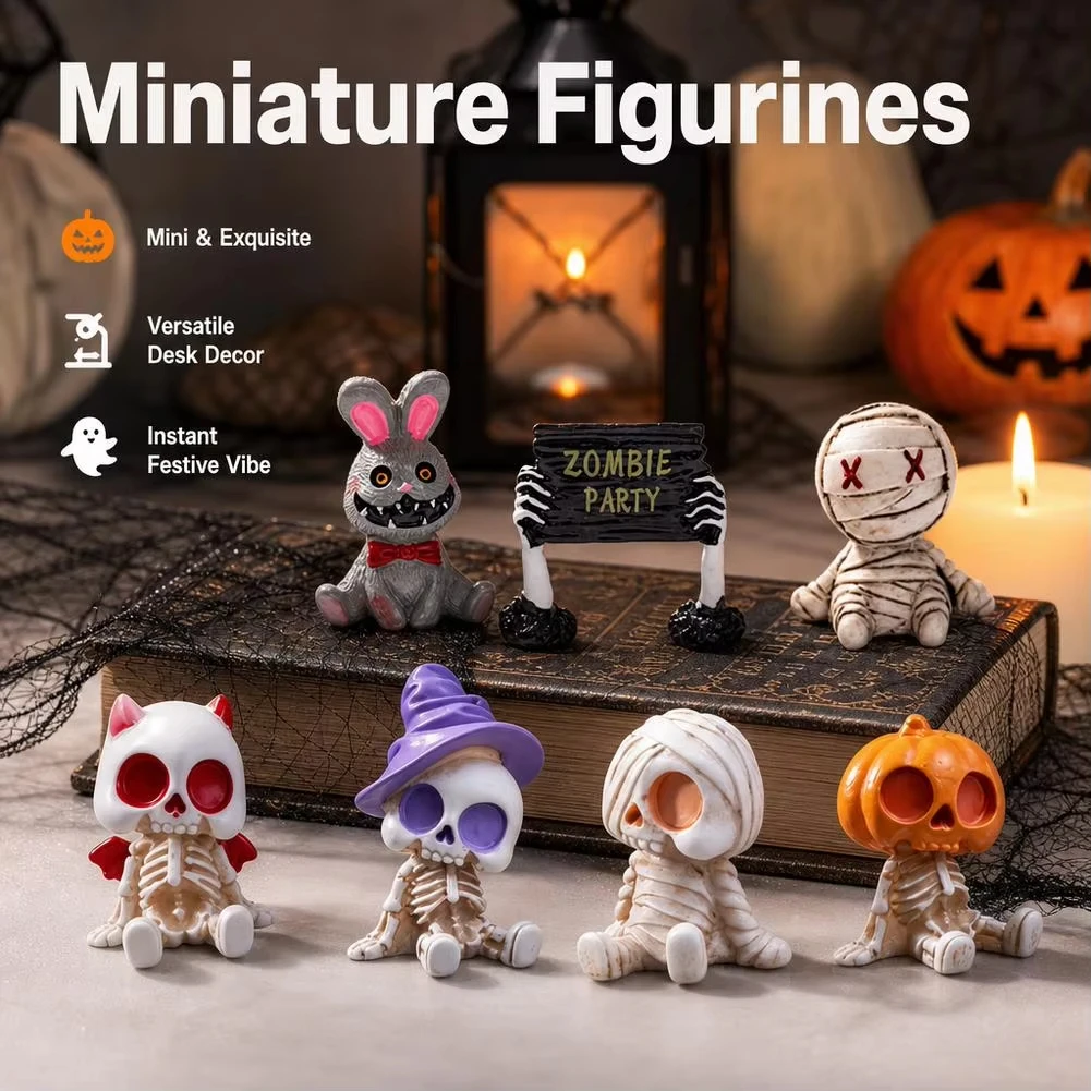 7-Piece Halloween Mummy Skull Ornament Set Desktop Miniature Landscape Decoration Resin Ghost Statues
