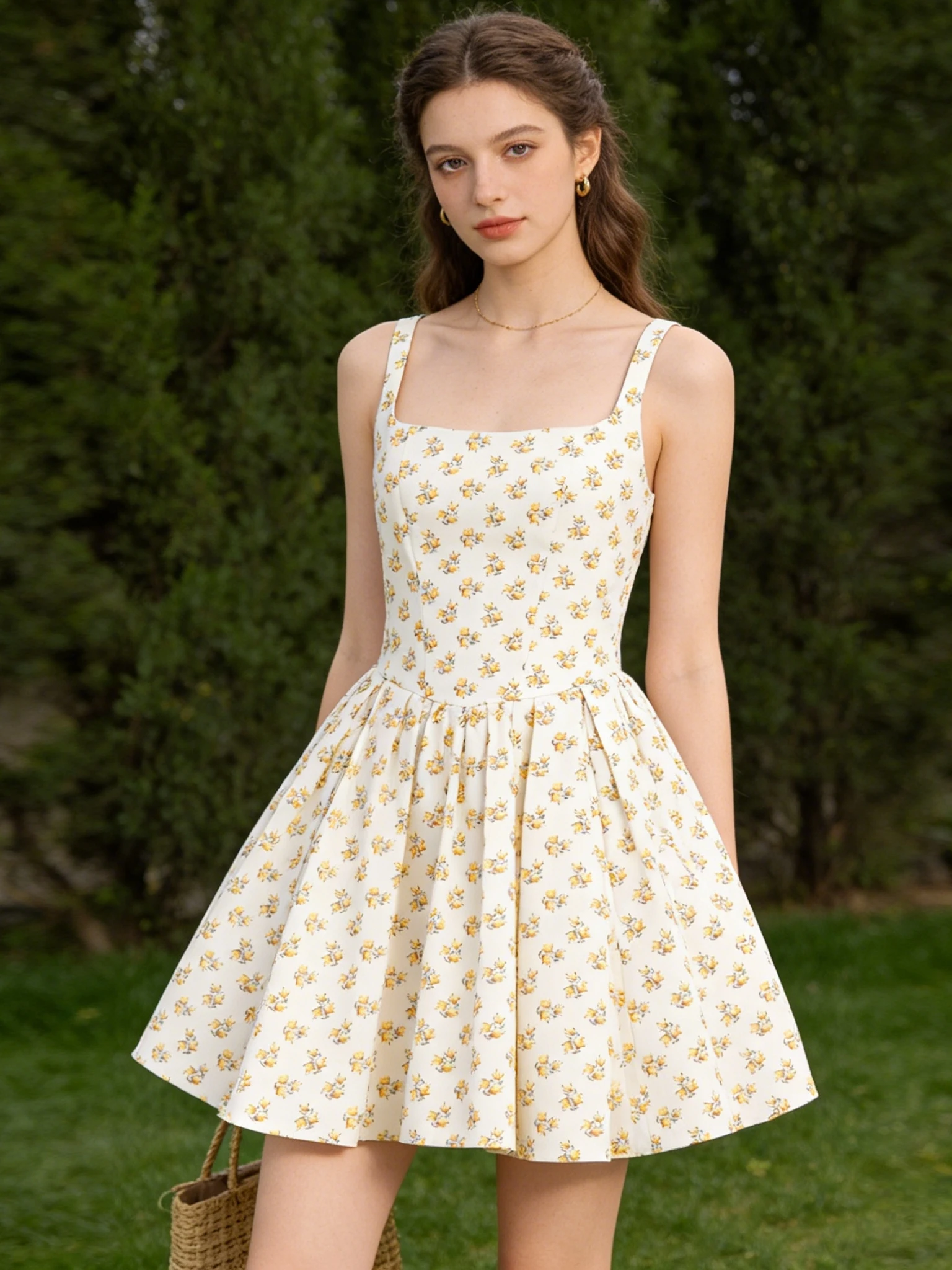 

M Home Floral Halter Dress Women's Summer Lenzing Cotton Waist Cinched A-Line Tea Break Skirt Breathable Comfortable Sho...