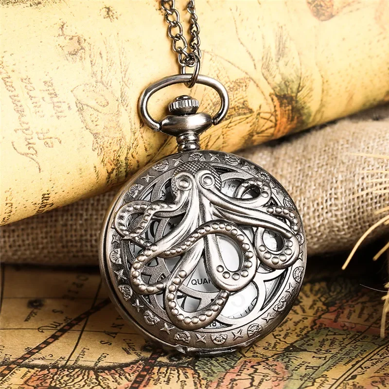 Antique Hollow Octopus Design Men Women Quartz Pocket Watch Arabic Number Clock Necklace Pendant Chain Timepiece Gift