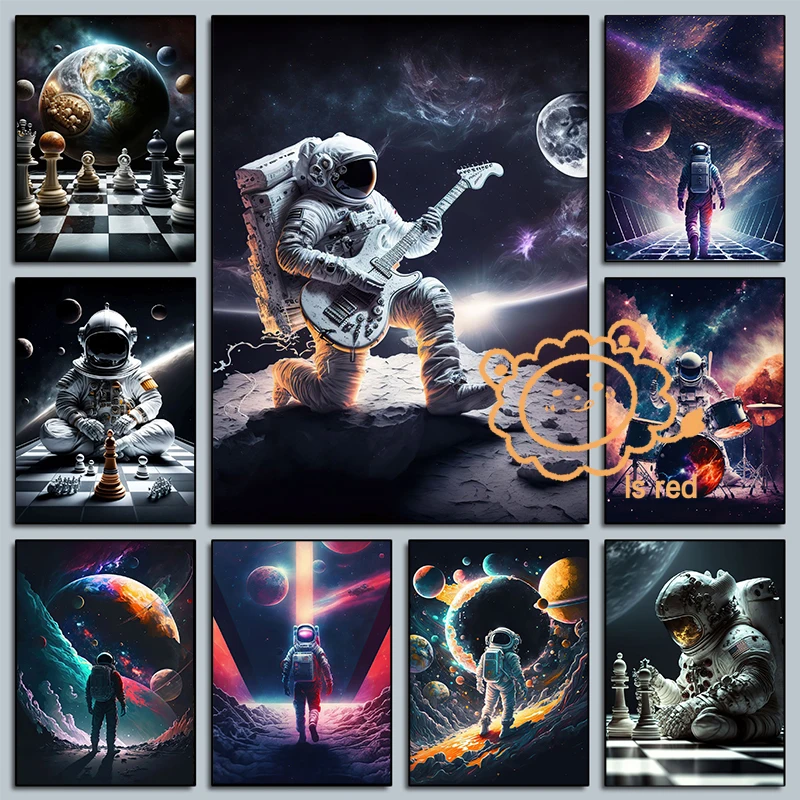 Astronaut Universe Poster Astronaut playing guitar playing drums Canvas printing Home Room wall decoration frameless painting