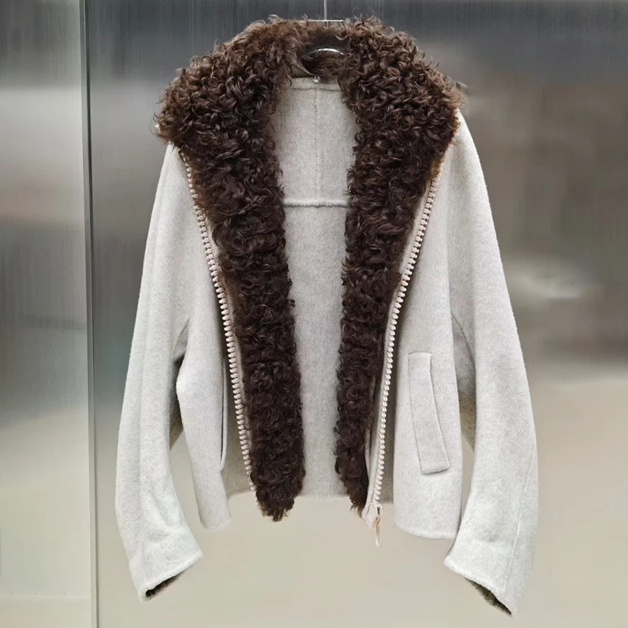 معطف شتوي دافئ من الصوف مع ياقة من فرو الضأن معطف فرو حقيقي الأكثر مبيعًا سترة فاخرة