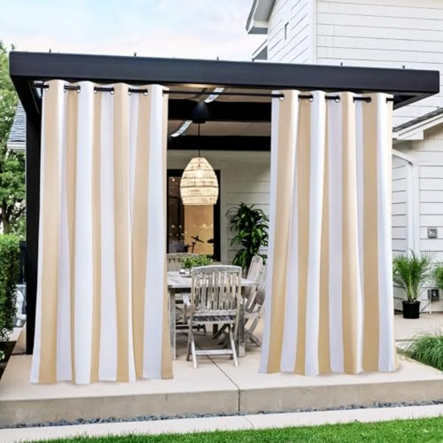 

2 Panels Stripe Outdoor Curtains for Patio Waterproof, Thermal Insulated Stainless Steel Grommet Room Darkening Indoor Outdoor