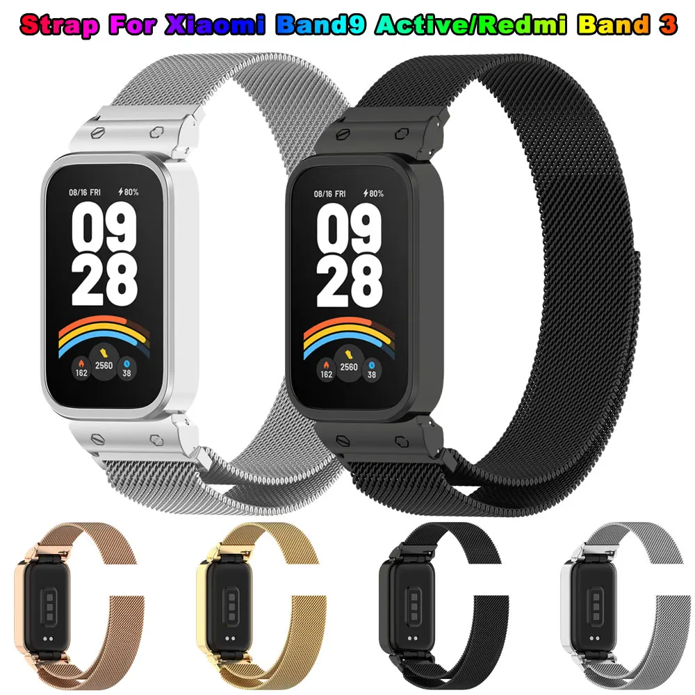 Correa de reloj milanesa para Xiaomi Mi Band 9, pulsera activa de Metal de acero inoxidable para Xiaomi Smart Band 8, correa activa