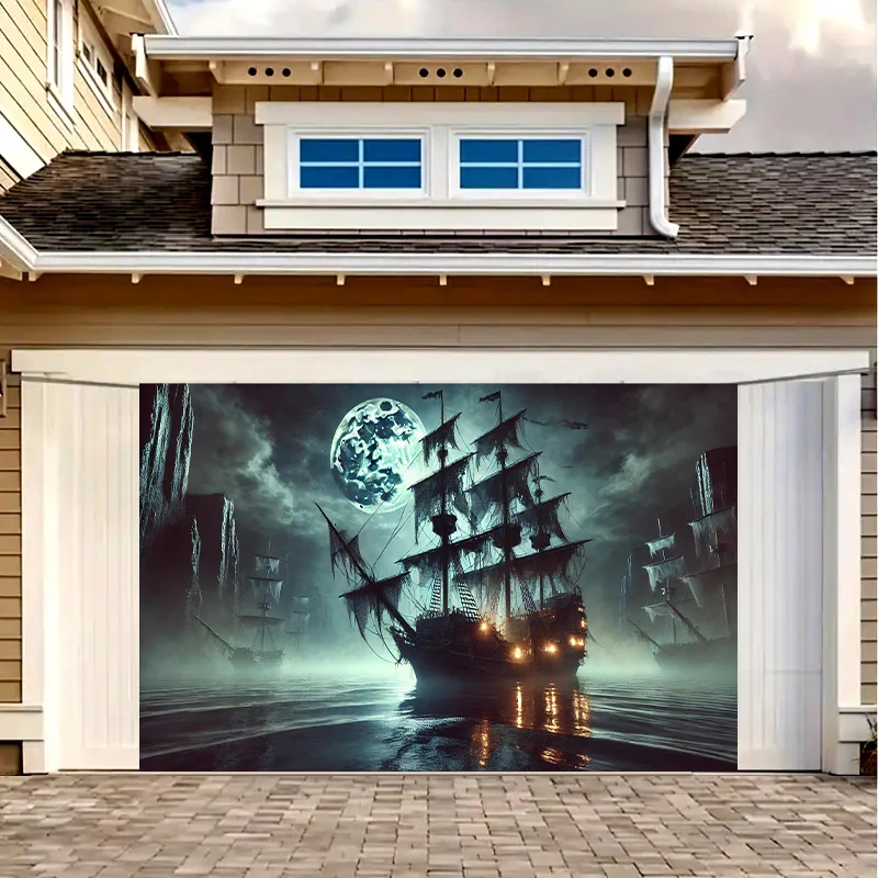 Dark Nautical Fantasy Pirate Ship Tapestry Wall Decor Polyester Hanging Art Gothic Lunar Moon Ocean Scene Bedroom Loft