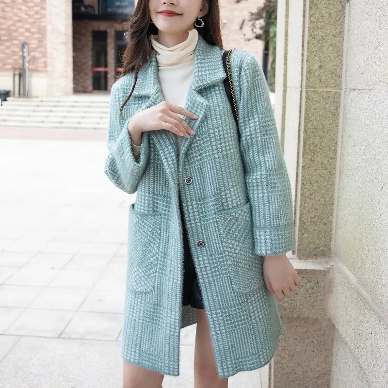 2023 New Autumn Winter Imitate Mink Velvet Woolen Jacket Women Mid Long Single-Breasted Coat Female Casual Overcoat Ladies Tops