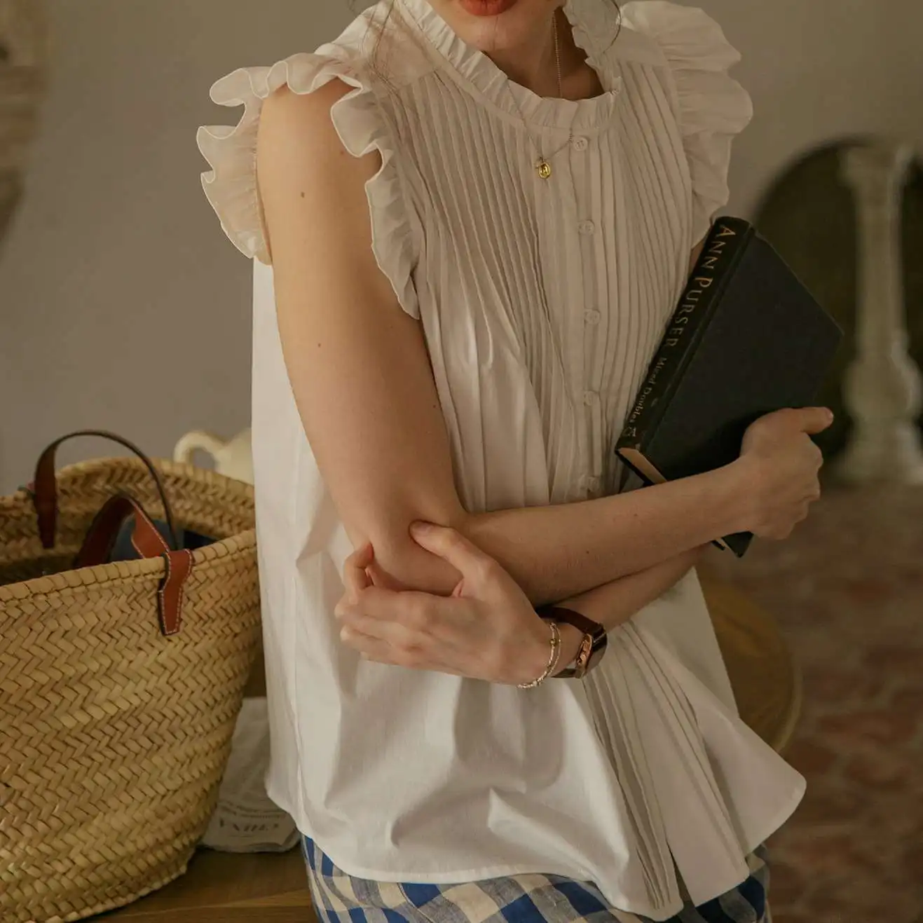 

French White Summer Retro Blue Plaid Flng SVE irt Women Casual round Ne Svel Cotton irt Spring Collection