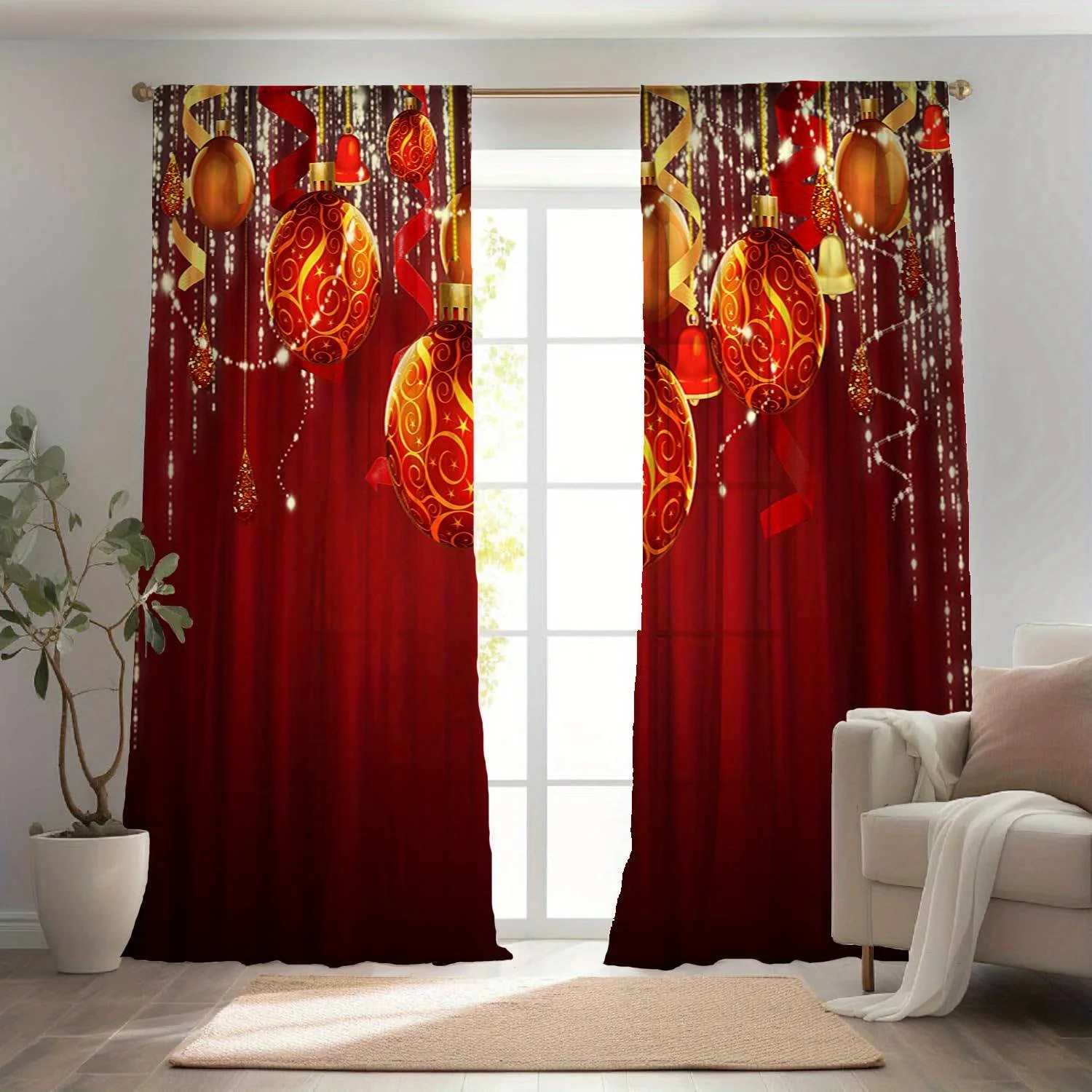 Glam Style Christmas Curtains for Living Room and Bedroom Semi-Sheer Polyester Panels with Christmas Tree Lights and Garland