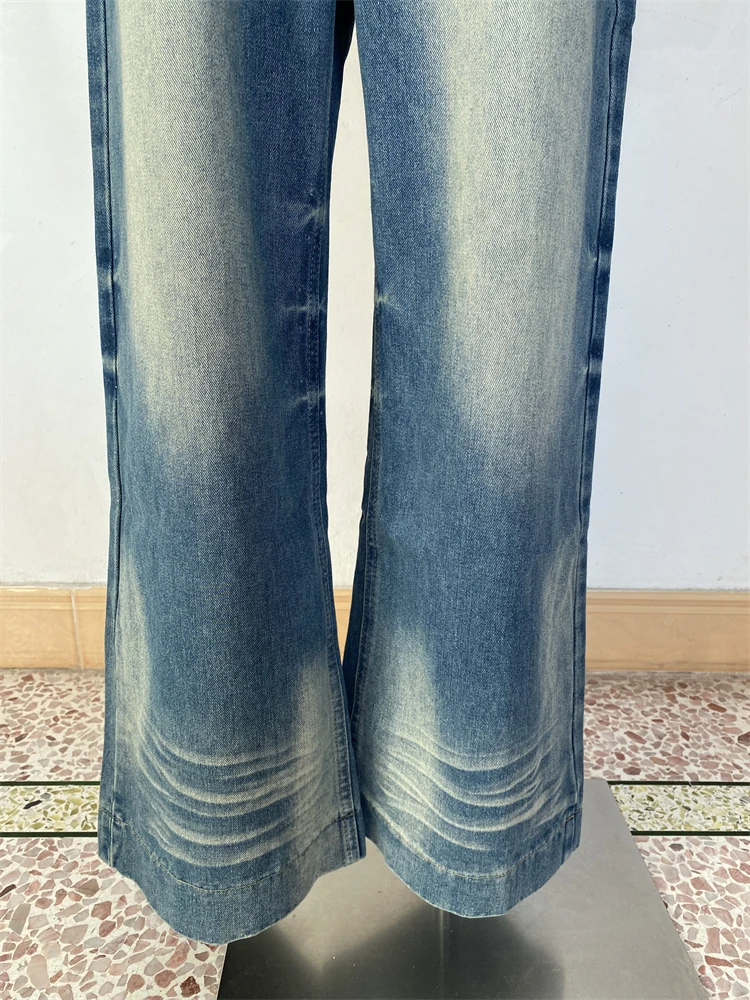 Damskie białe jeansy retro w kolorze niebieskim, proste, codzienne spodnie, spodnie dla cool girl, damskie spodnie z wysokim stanem i szerokimi nogawkami w stylu vintage.