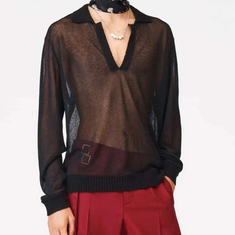 New Black Long-sleeved T-shirt For Men Slim-fitting Sexy And Slightly Transparent V-neck Design T-shirt For Men