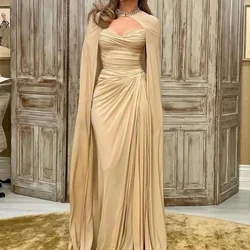 Elegant Pleated Chiffon Party Dress Heart-Shaped Collar Shawl Sleeve Cocktail Dress Floor-Length Formal Occasion Party Dress