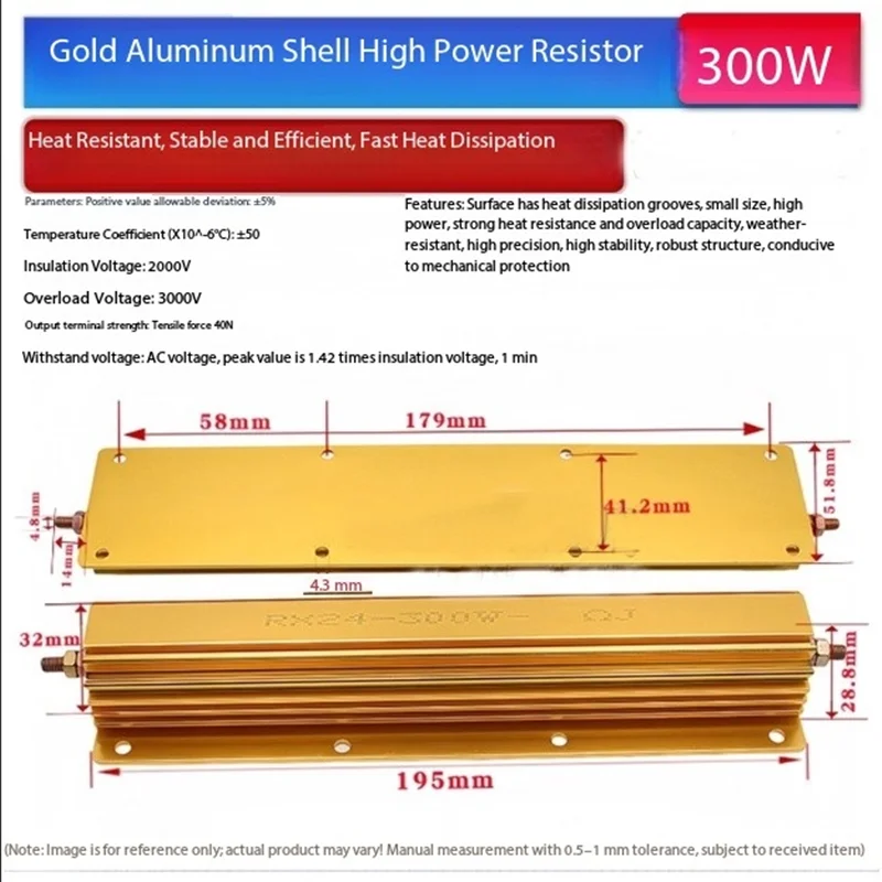 1 Uds RX24 300W resistencia disipadora de calor chapada en oro de alta potencia a base de aluminio 0.05R 0.1R 1R 4.7R 20R 80R 100R 220R 300R 1K 10K
