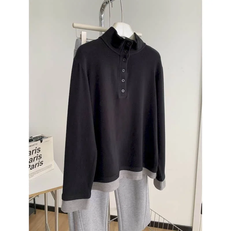 Brushed T-shirts Stand Collar False Two-piece Tops Casual Korean Style Long Sleeve Sweatshirt 2026 Autumn Winter Women Clothes
