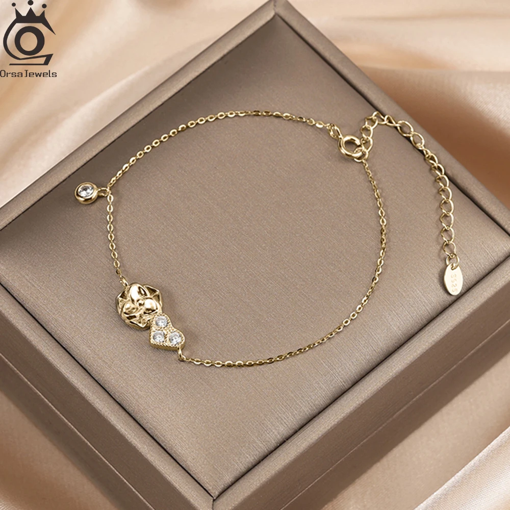 

ORSA JEWELS Стерлингового Серебра 925 пробы Сердце Любовь Циркон Браслет Милый Сердце Браслет-Цепочка Романтический Подарок На Годовщину APB09