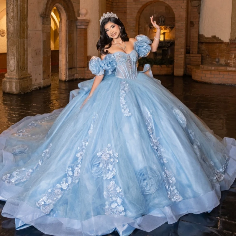 

Sky Blue Shiny Quinceanera Dresses Ball Gown Off The Shoulder Applique Flower Beading Crystal Corset Tull Party Birthday Sweet