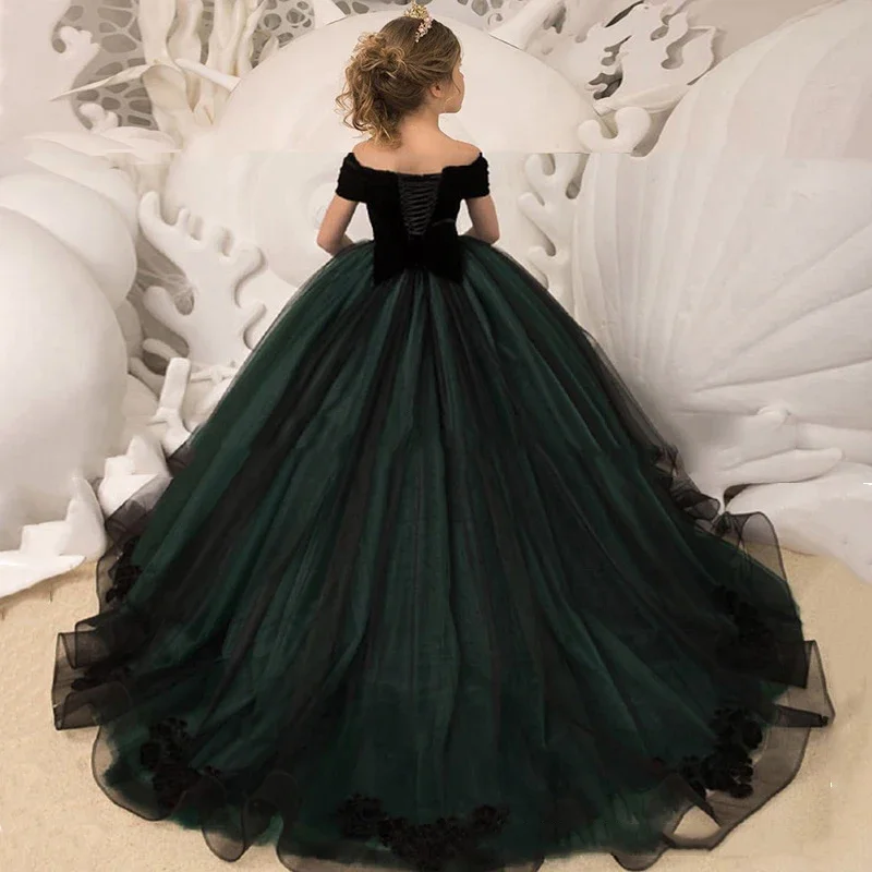 Vestidos negros personalizados con flores para niña, vestidos con hombros descubiertos para niños, fiesta de boda, vestidos de fiesta de noche, princesa Formal