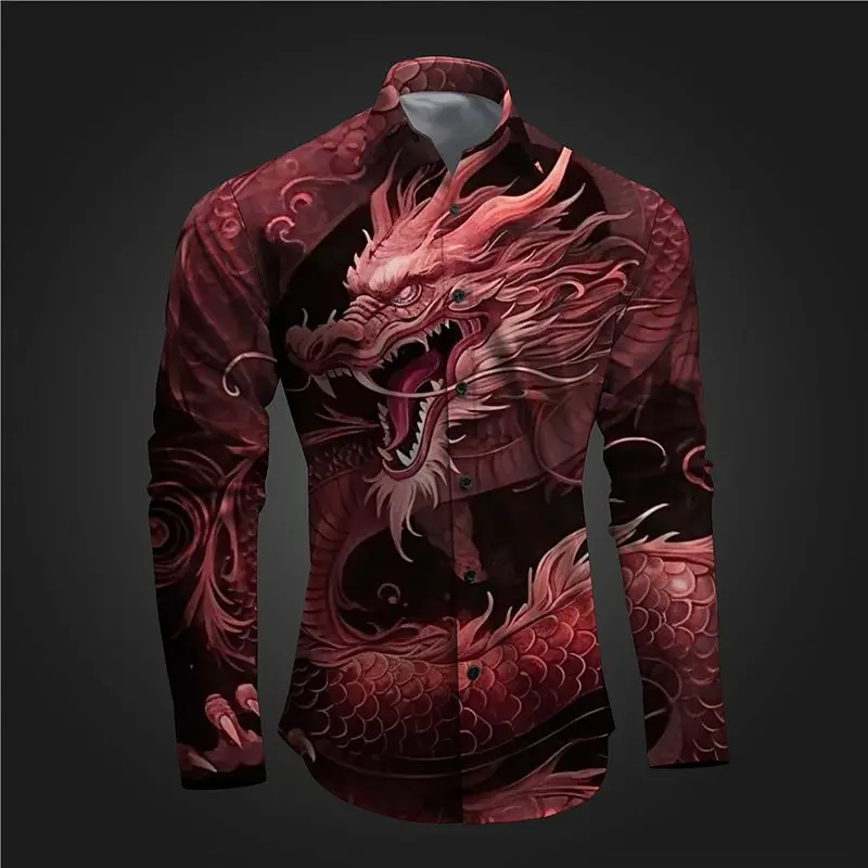 Retro Men's Shirt Dragon Print Flower Long Sleeve Shirt For Men Spring Autumn Long Sleeve Button Shirt Oversized Men Cloths Tops